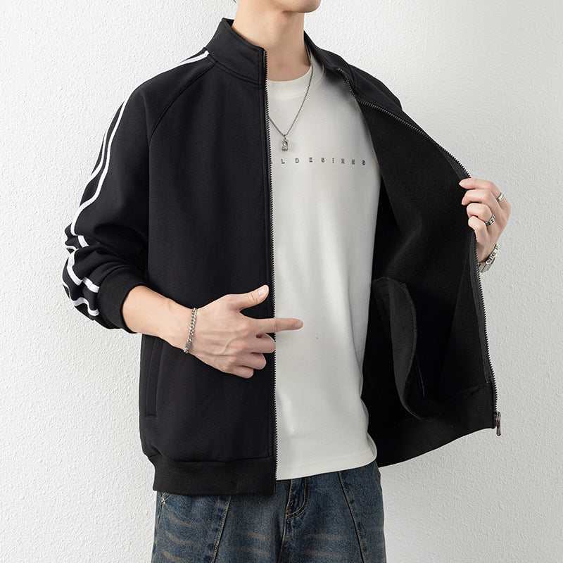 Men's leisure training jacket with stand-up collar, zipper, and contrast stripes Mune Fashion