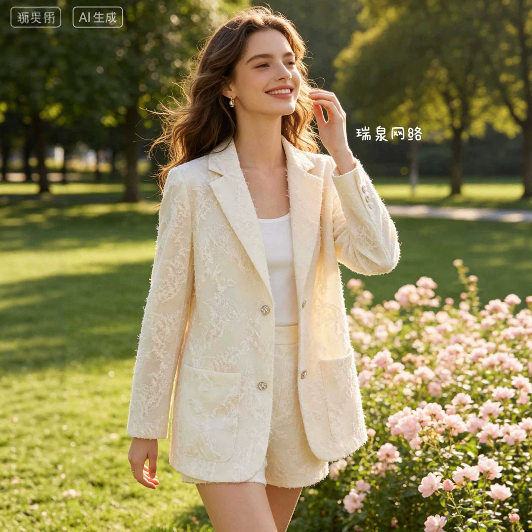 Women Boucle Blazer with Fringe Structure and Patch Pockets Mune Fashion