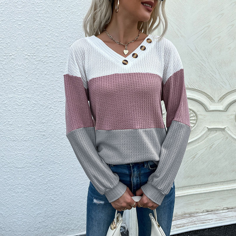 Women Color Block Waffle Knit Top with V-Neck and Decorative Button Placket Mune Fashion