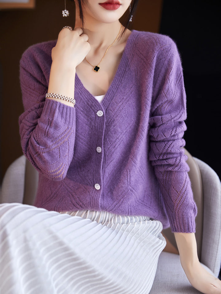 Women's Light Openwork Cardigan with Geometric Hole Structure and Boxy Short Form Mune Fashion