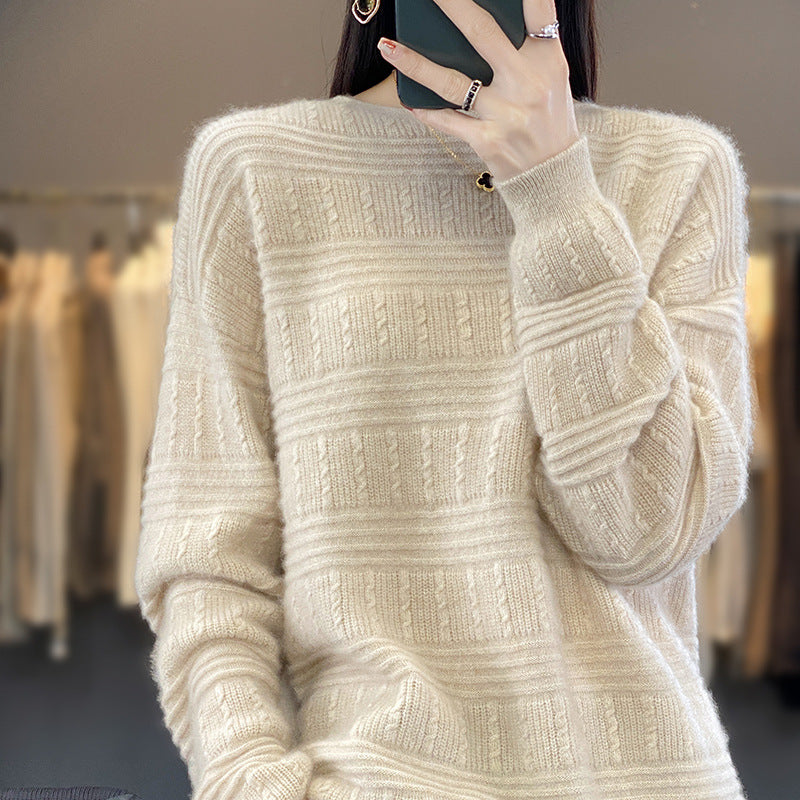 Women Oversize Fine Knit Sweater with Structural Blocks, Mohair Look and Round Neckline Mune Fashion