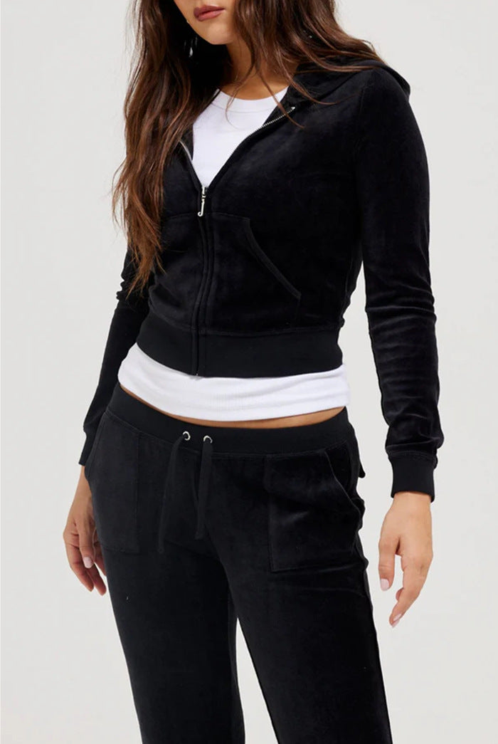 Women's Velvet Cropped Zip Jacket with Kangaroo Pocket and High-Cut Cuffed Pants Mune Fashion