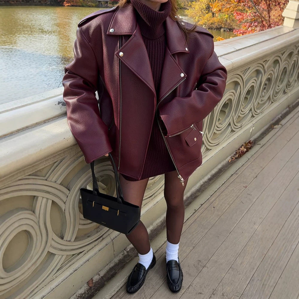 Women Oversize Biker Jacket made of textured synthetic leather with asymmetrical zipper Mune Fashion