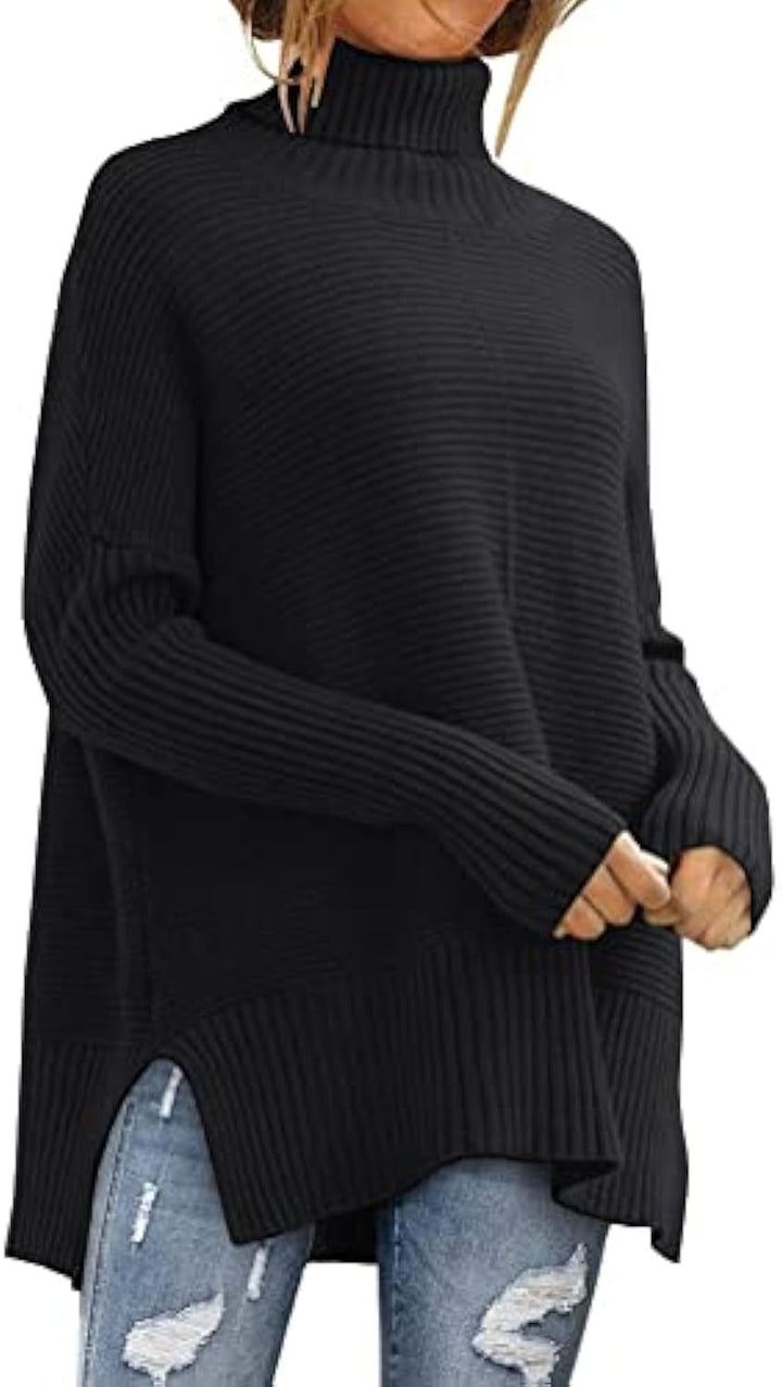 Women Oversize Ribbed Turtleneck Sweater with Side Slits and Extended Hem
