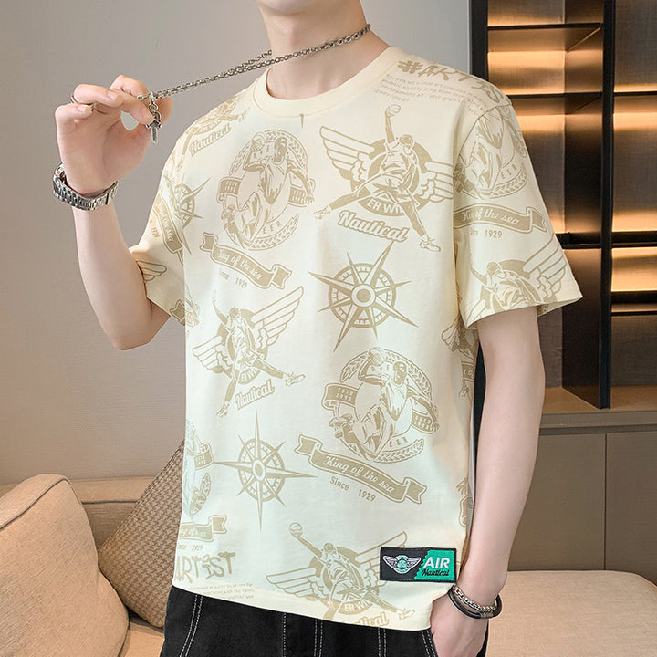 Men's Oversize Print T-Shirt with Allover Nautical Logos and Crew Neck Mune Fashion