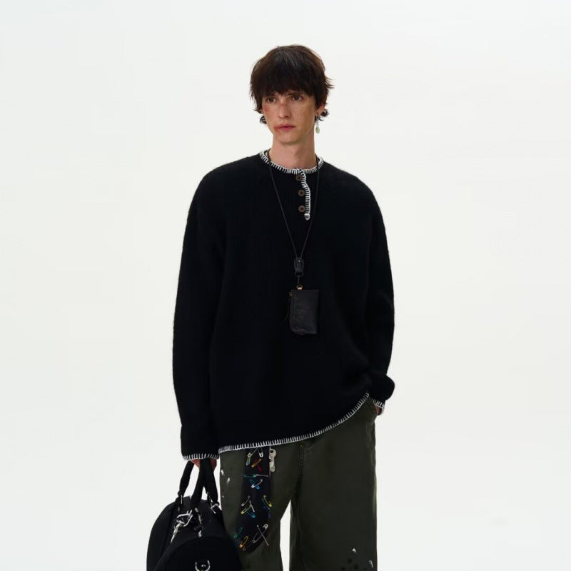 Men's chunky knit Henley pullover with boucle look and contrast cuffs Mune Fashion
