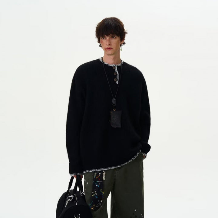 Men's chunky knit Henley pullover with boucle look and contrast cuffs Mune Fashion