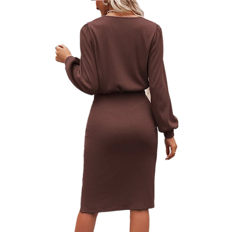 Women's midi dress with fitted wrap effect, long sleeves and high slit Mune Fashion