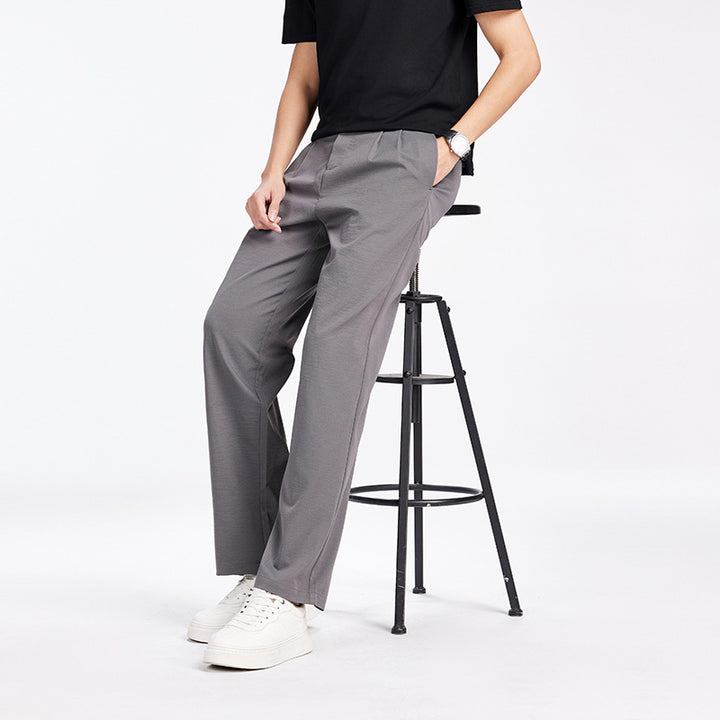 Men's Elegant Pleated Fabric Pants with High Waist, Crease and Straight Leg Mune Fashion