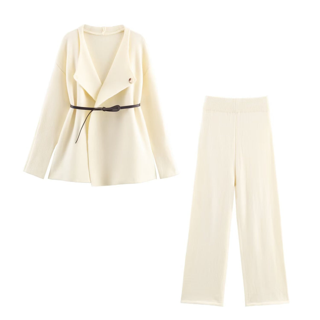 Women's Two-Piece Fine Knit Set with Shawl Collar Cardigan and High-Waist Wide Leg Pants Mune Fashion