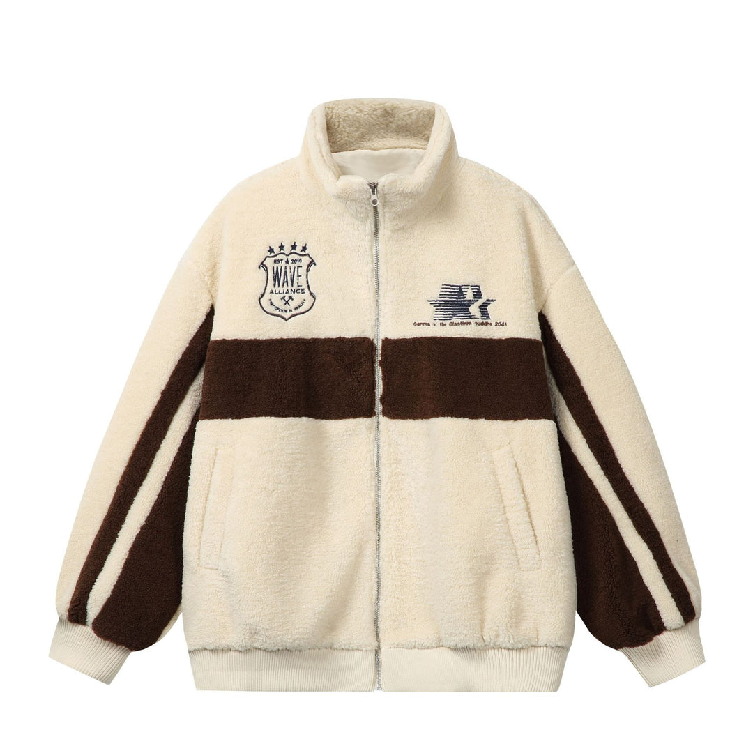 Unisex Sherpa fleece jacket in boxy cut with stand-up collar, block stripes and embroidery details Mune Fashion