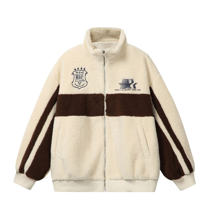 Unisex Sherpa fleece jacket in boxy cut with stand-up collar, block stripes and embroidery details Mune Fashion