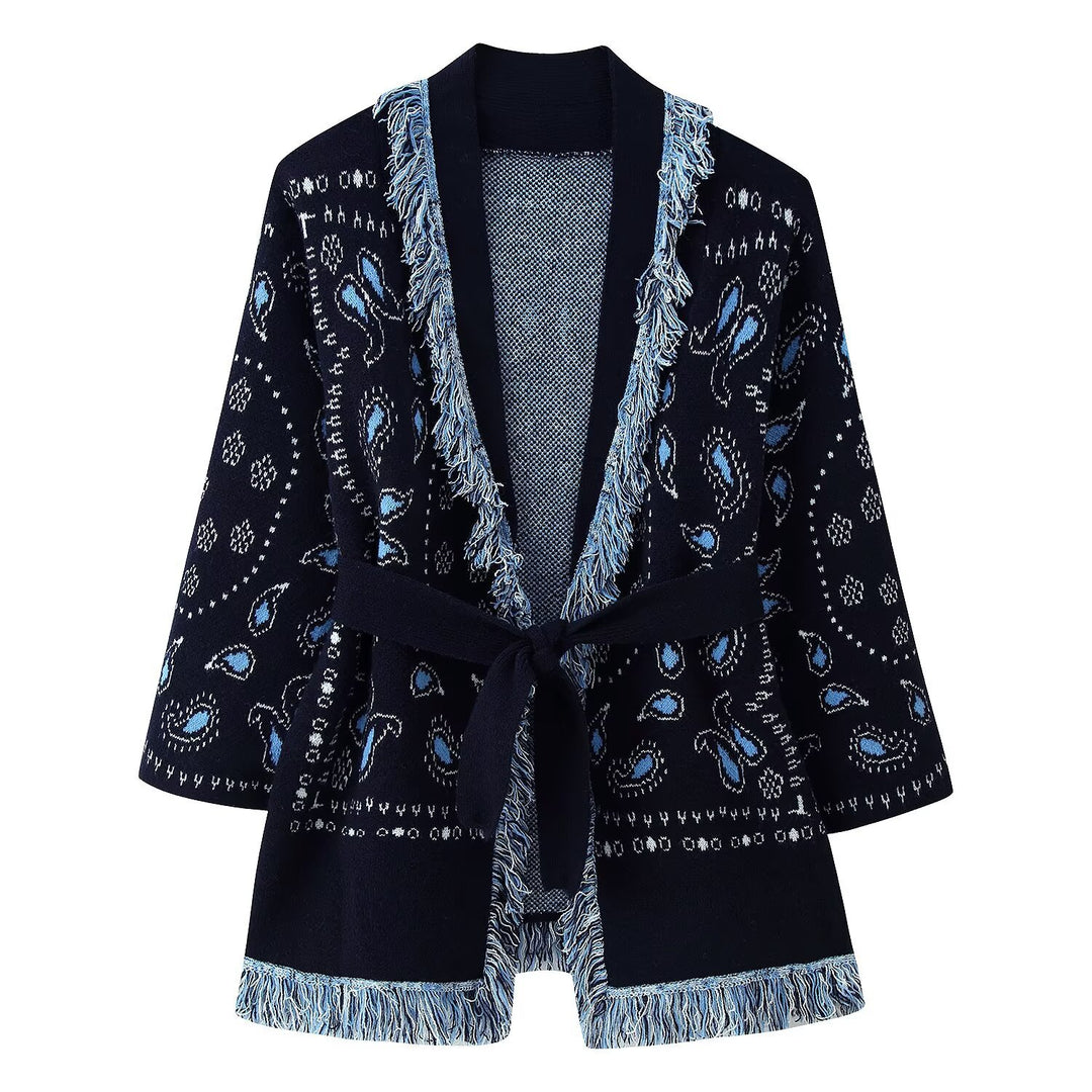 Women's Fringe Cardigan with Paisley Jacquard, Waist Belt and Open Kimono Silhouette Mune Fashion