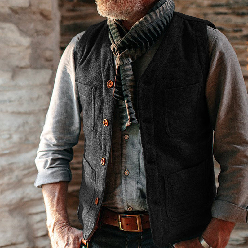 Men's Wool Look Structure Vest with V-Neck, Patch Pockets & Button Placket Mune Fashion