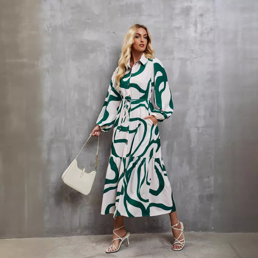 Women's patterned shirt dress with waist drawstring, full button placket and side slit Mune Fashion