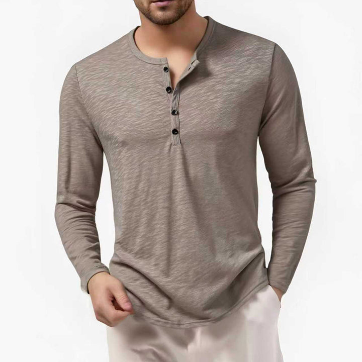 Men's Slim-Fit Henley Long Sleeve Shirt with Short Button Closure and Rounded Hem Mune Fashion