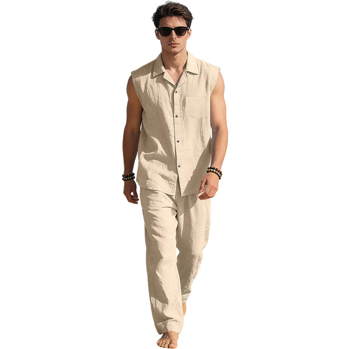 Men's sleeveless linen leisure set with lapel collar, chest pocket, and straight pants Mune Fashion