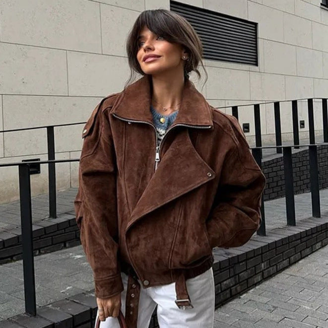 Women's oversized velour biker jacket with stand-up collar, shoulder flaps, and adjustable hip belt Mune Fashion