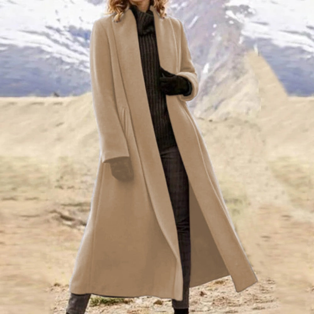 Women elegant long wool blend coat with open fall and side pockets Mune Fashion