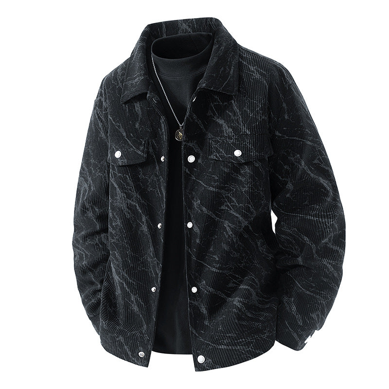 Men's  marbled corduroy snap-front collared trucker jacket with chest flap pockets Mune Fashion