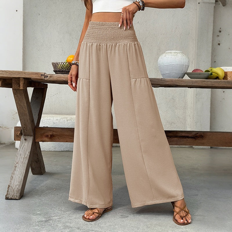 Women's lightweight culotte pants with elastic smocking waistband, wide leg and flowing summer jersey fabric.