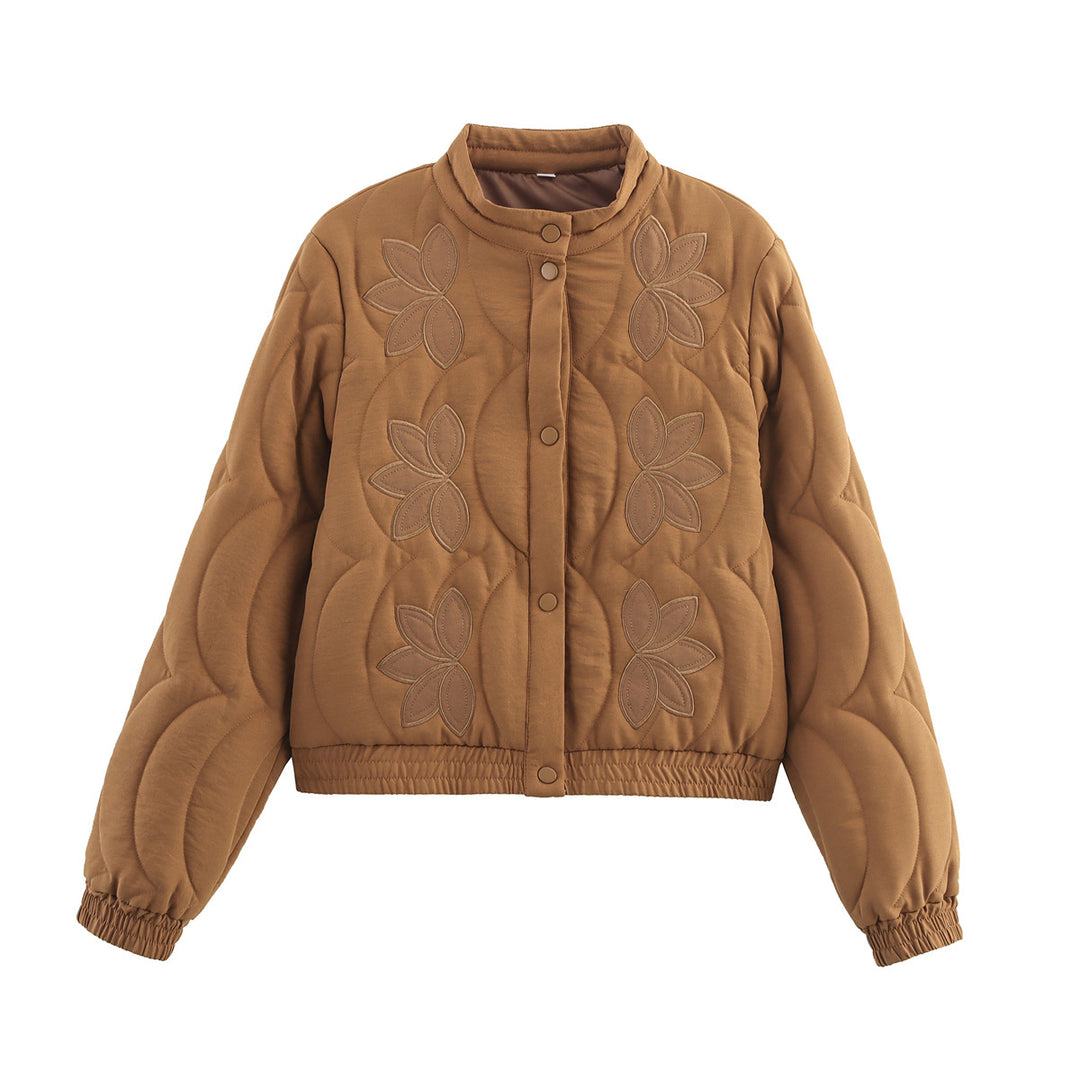 Women Short Cut Padded Jacket with Floral Appliqués and Elastic Hem Mune Fashion