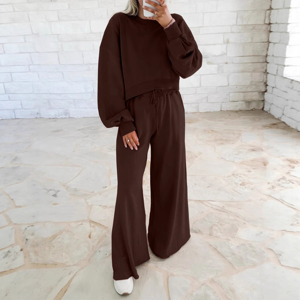 Women's Short Sweater and Palazzo Pants Lounge Set with Balloon Sleeves Mune Fashion