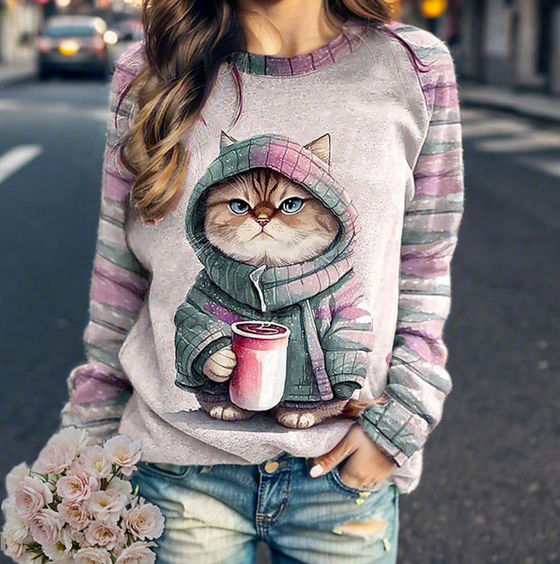 Women's casual sweatshirt with large kitten front print and striped raglan sleeves Mune Fashion