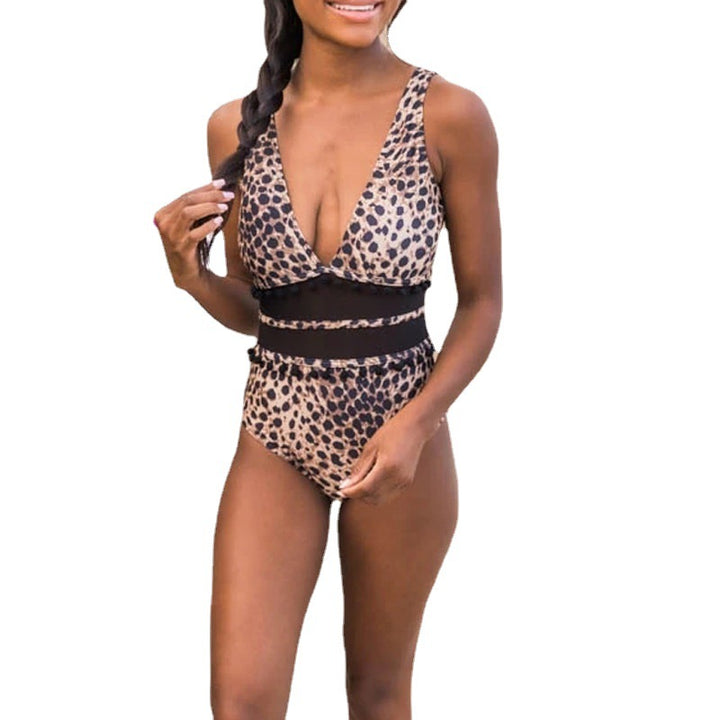 Women's One-Piece Swimsuit with Fashionable Leopard Pattern and Transparent Inserts Mune Fashion