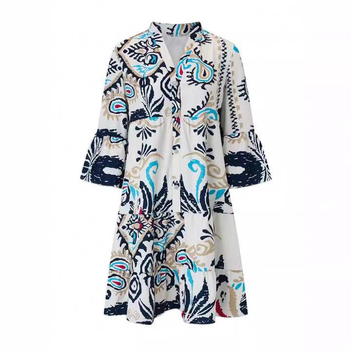 Women Casual Tiered Dress with Flared Skirt and Trumpet Sleeves Mune Fashion