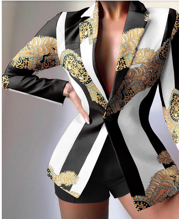 Women's tailored zebra print long blazer with emphasized waist and single-button Mune Fashion