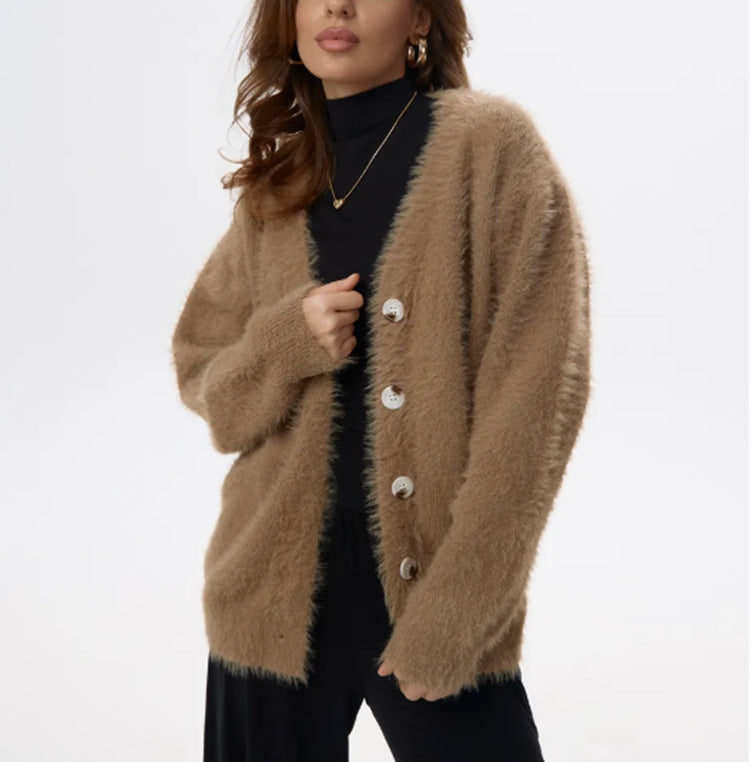 Women's fluffy mohair-look button cardigan with dropped shoulder and mother-of-pearl buttons Mune Fashion