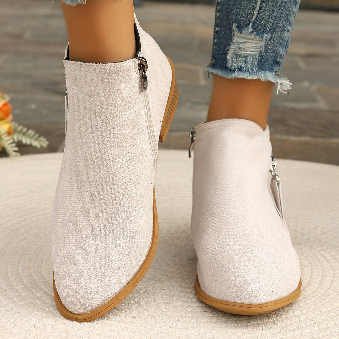 Women nan short suede-look ankle boot with side decorative strap zipper and comfortable block heel Mune Fashion