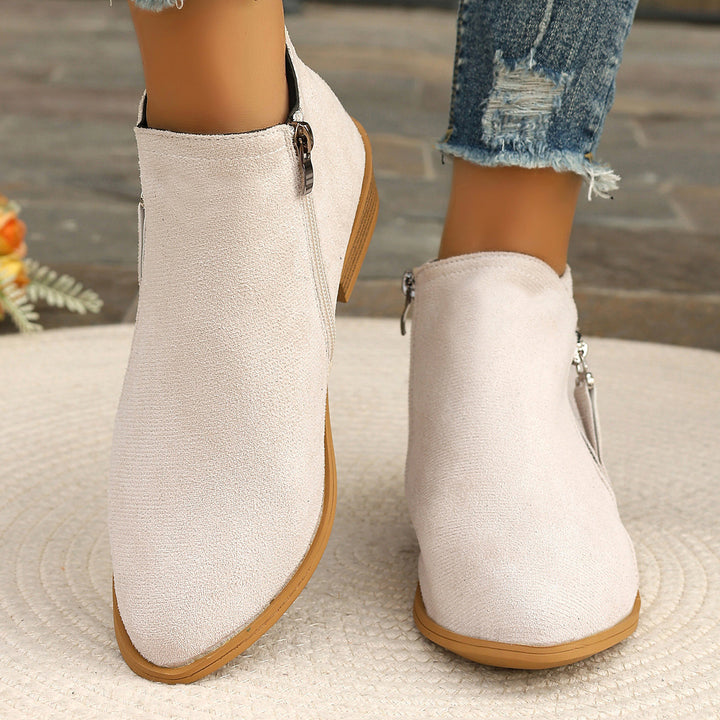 Women nan short suede-look ankle boot with side decorative strap zipper and comfortable block heel Mune Fashion