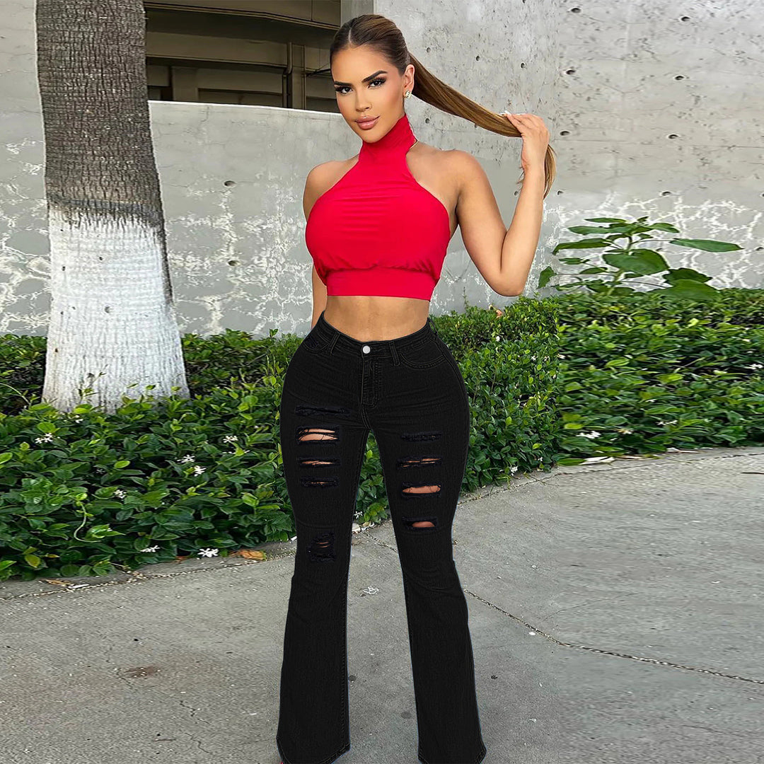 Women High-Waisted Flared Jeans with Destroyed Rips and Sculpting Stretch Cut Mune Fashion