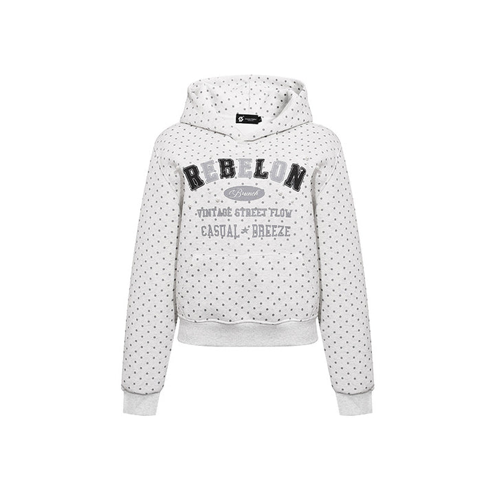Women's hoodie with polka dot, college print, and ribbed hem Mune Fashion