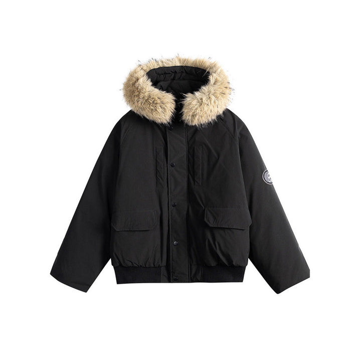 Women's short bomber jacket with thermal padding, hood with removable faux fur and utility pockets Mune Fashion