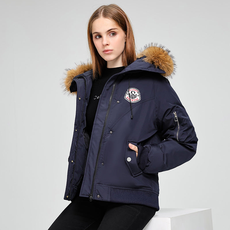 Women's short bomber-style parka jacket with removable fur hood and logo patch Mune Fashion