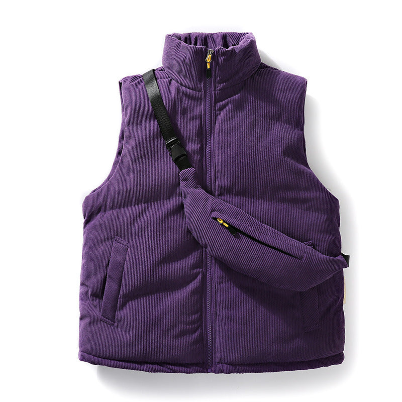 Men's Padded Fine Cord Quilted Vest with High Stand-Up Collar and Integrated Crossbody Fanny Pack Mune Fashion