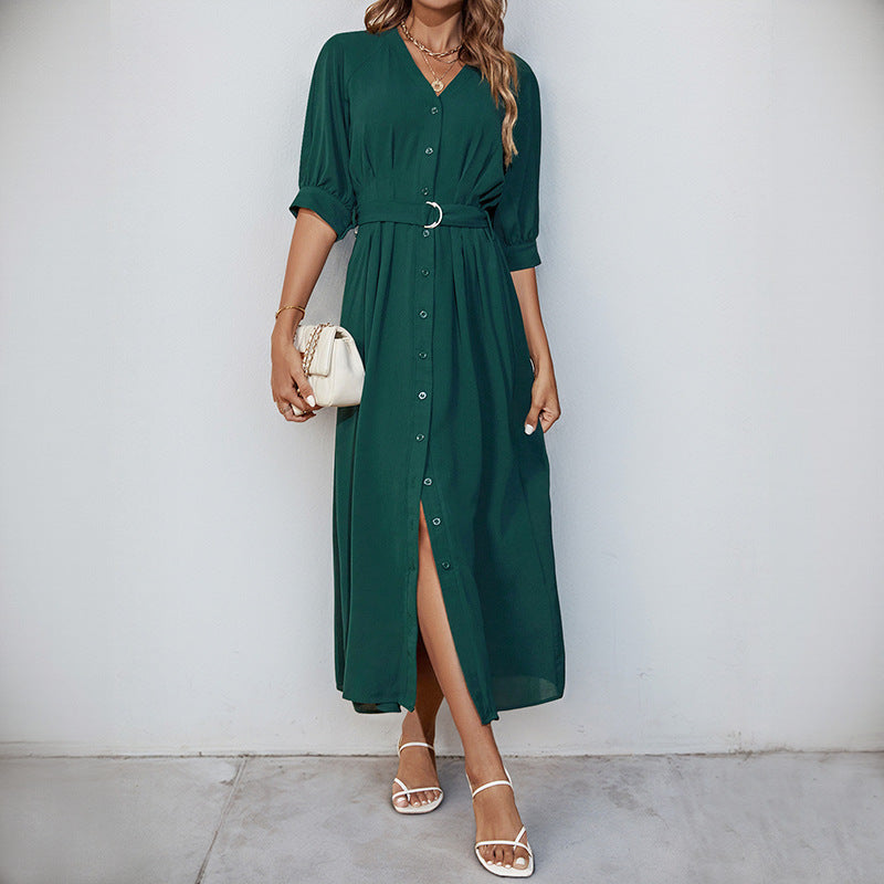 Women's midi dress with continuous button placket, V-neck and D-ring waist belt Mune Fashion