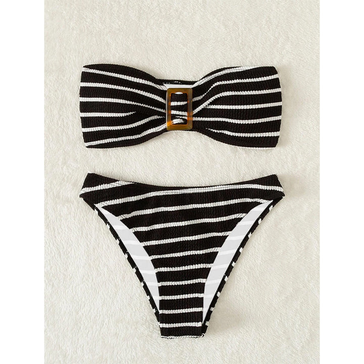 Women's bandeau bikini set with decorative ring and playful striped pattern Mune Fashion