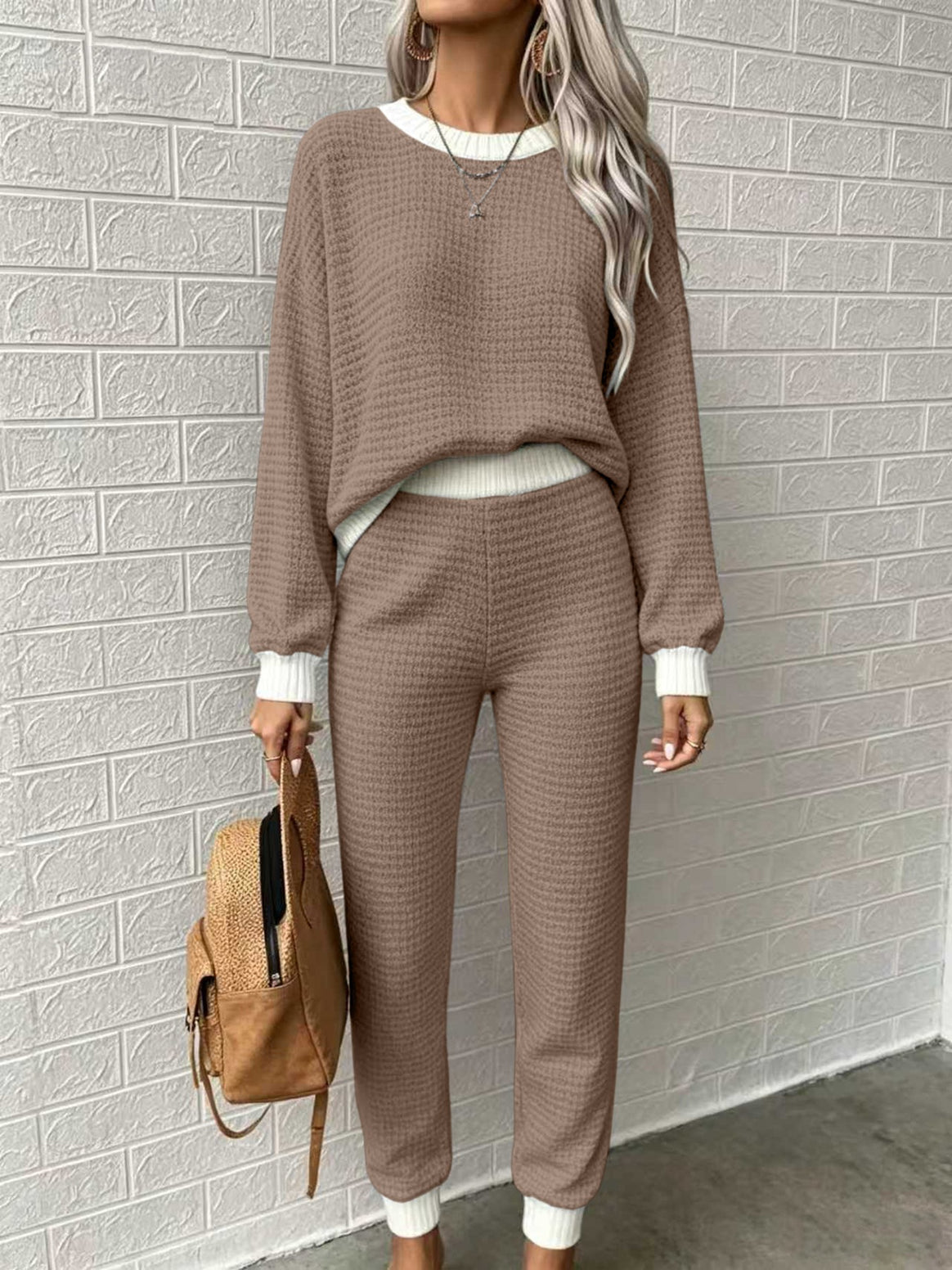 Women Comfortable Waffle Knit Lounge Set with Ribbed Cuffs Mune Fashion