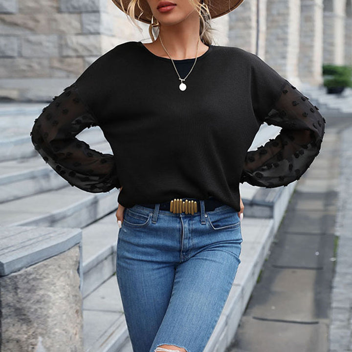 Ladies fine knit sweater with transparent chiffon sleeves and dot applications Mune Fashion