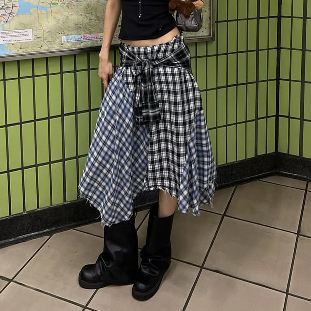 Women Asymmetric Midi Skirt in Checkered Patchwork with Waist Ties Mune Fashion