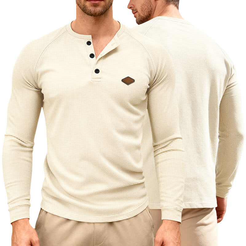 Men's Waffle Knit Henley Long Sleeve Shirt with Raglan Sleeves, Half Button Placket and Leather Label Mune Fashion