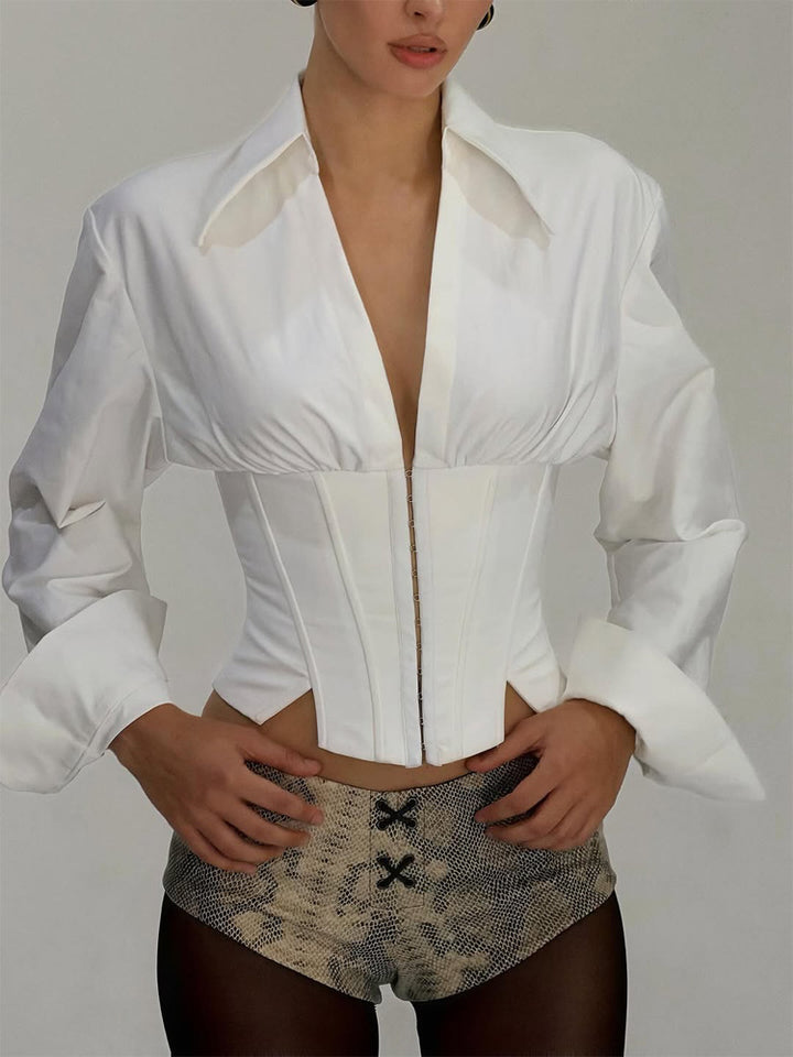 Women Tailored Corset Bustier with Integrated Blouse and Front Closure Mune Fashion