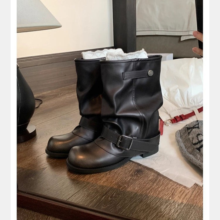 Women's Mid-Calf Biker Boots made of Smooth Leather with Adjustable Buckle Strap Mune Fashion