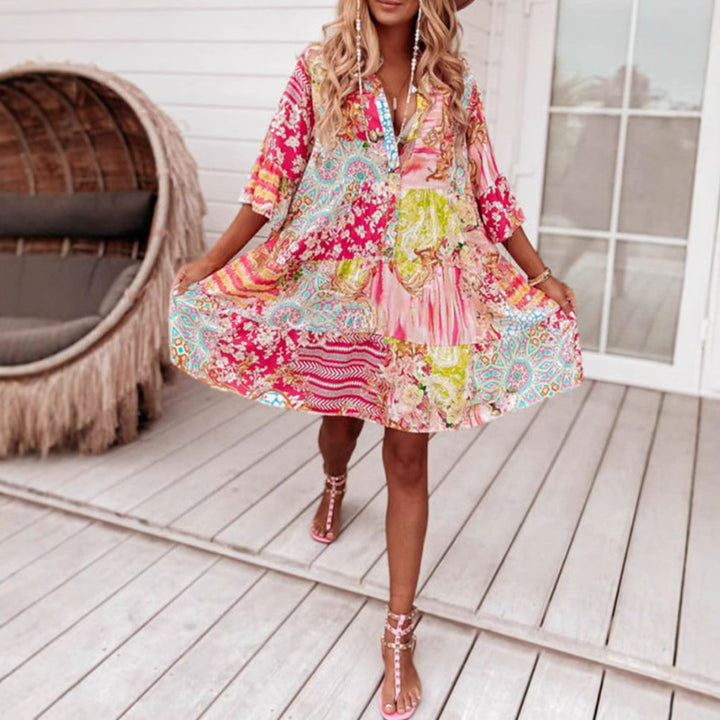 Ladies' airy tiered dress in patchwork boho style with stand collar, gathered waist seam, and three-quarter sleeves Mune Fashion