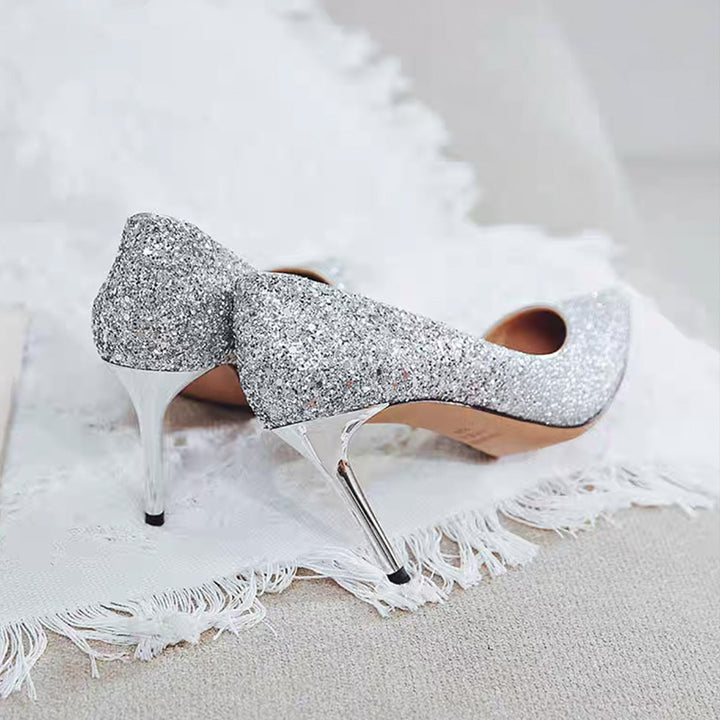 Ladies glitter pumps with pointed toe shape and metallic stiletto heel Mune Fashion