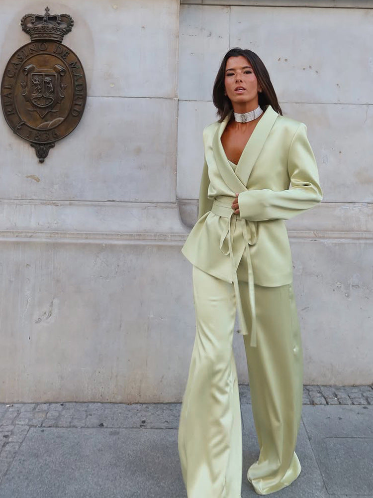 Women's Satin Two-Piece with Fitted Wrap Blazer and Wide Palazzo Pants Mune Fashion